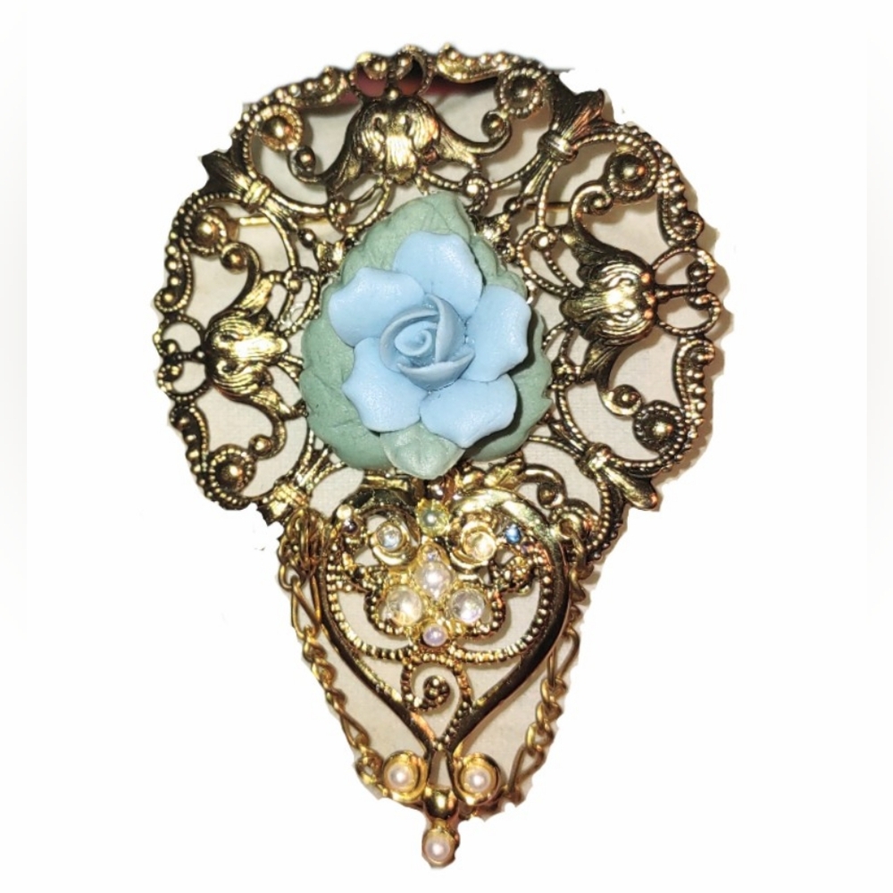 Victorian Gold Metal Filigree Brooch + Blue Porcelain Flower; Pearls & Chain